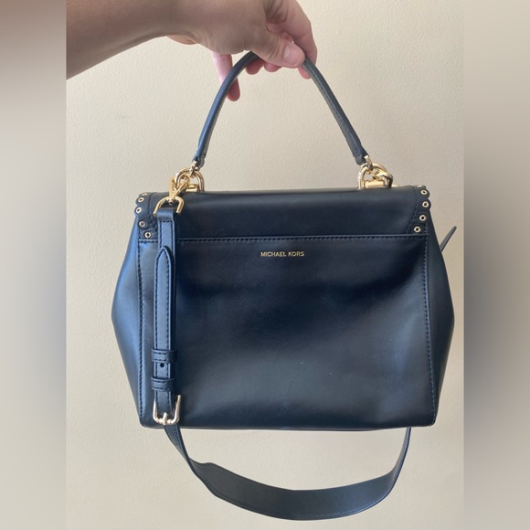 Michael Kors Black & Gold Ava Leather Satchel Handbag Purse Detachable Strap - Picture 5 of 7